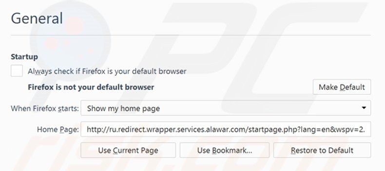 Suppression de la page d'accueil de start.alawar.com dans Mozilla Firefox 