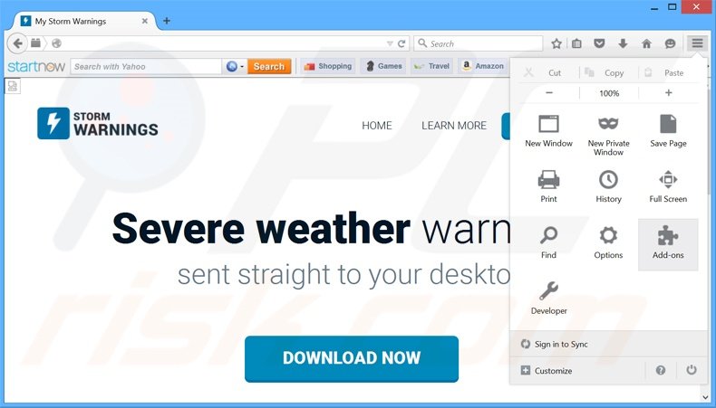 Suppression des publicités Storm Warnings dans Mozilla Firefox étape 1
