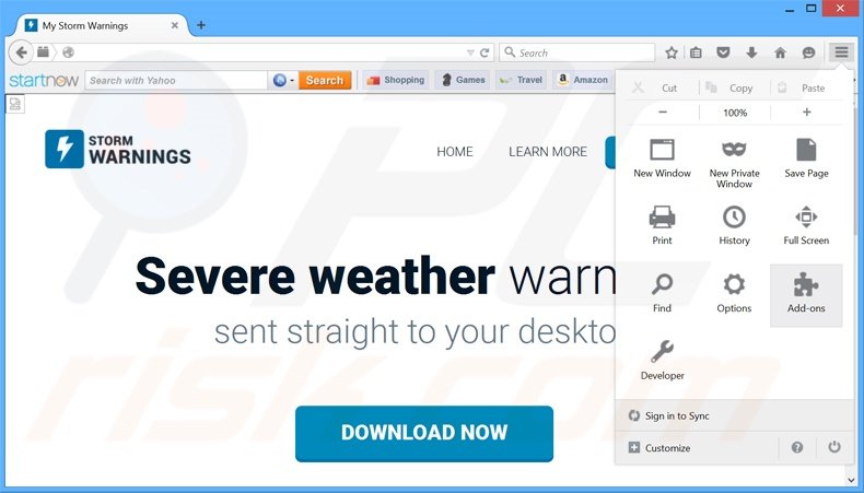 Suppression des publicités Storm Warnings dans Mozilla Firefox étape 1