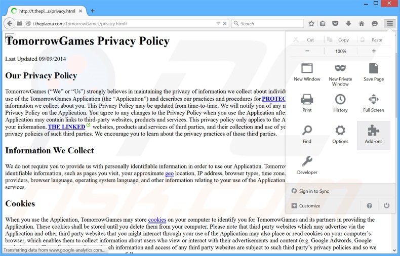 Suppression des publicités TomorrowGames dans Mozilla Firefox étape 1