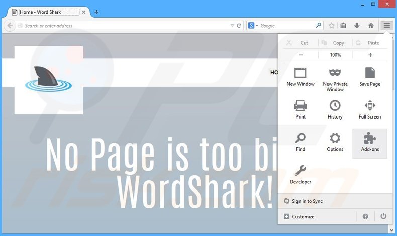 Suppression des publicités Word Shark dans Mozilla Firefox étape 1