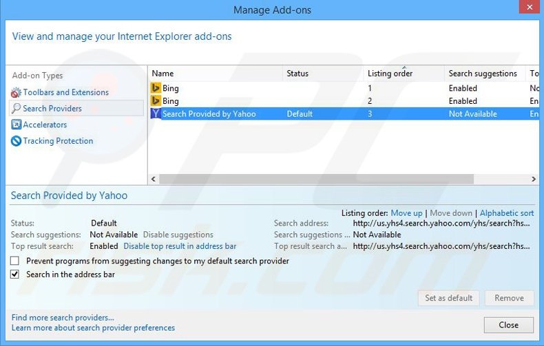 Suppression du moteur de recherche par défaut de yhs4.search.yahoo.com dans Internet Explorer 