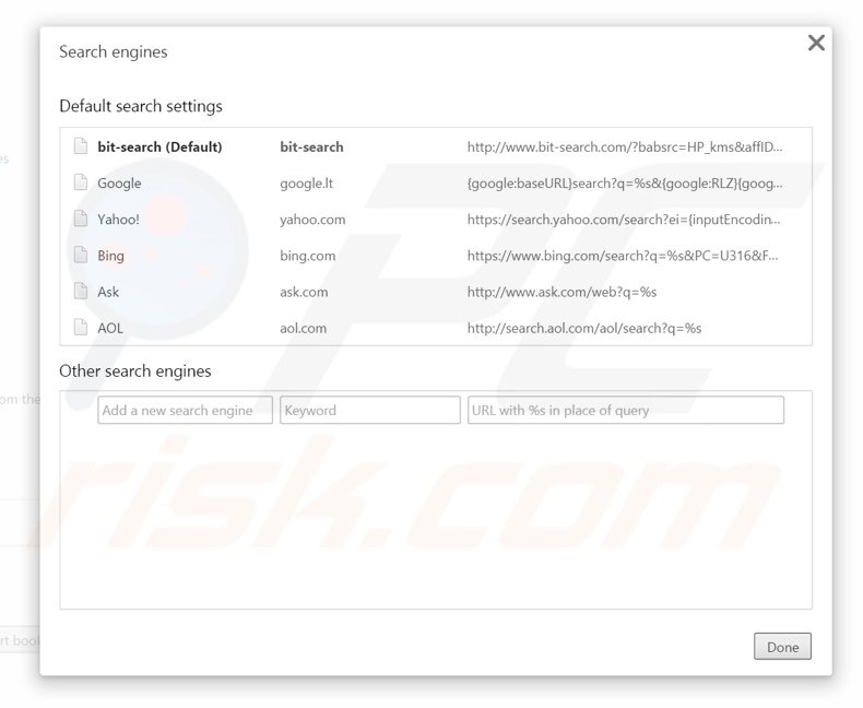 Suppression du moteur de recherche par défaut de bit-search.com dans Google Chrome 