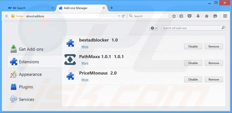 Suppression des extensions reliées à bit-search.com dans Mozilla Firefox 