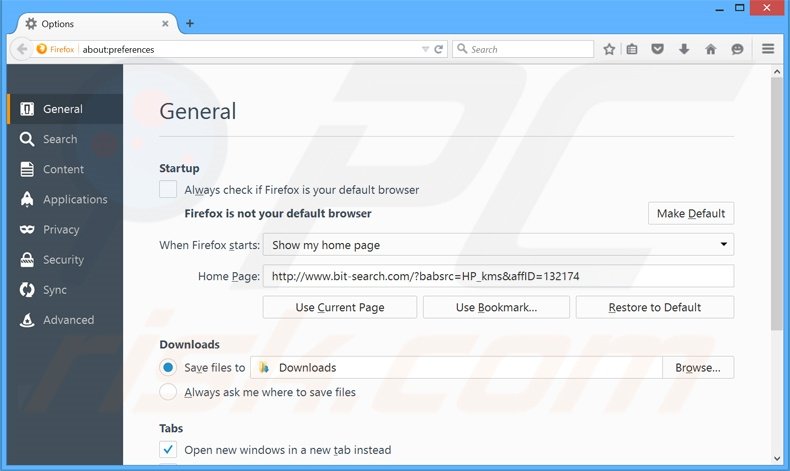 Suppression de la page d'accueil de bit-search.com dans Mozilla Firefox 
