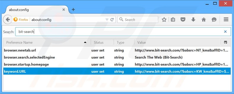 Suppression du moteur de recherche par défaut de bit-search.com dans Mozilla Firefox 