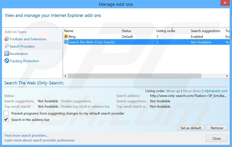 Suppression du moteur de recherche par défaut de bit-search.com dans Internet Explorer 