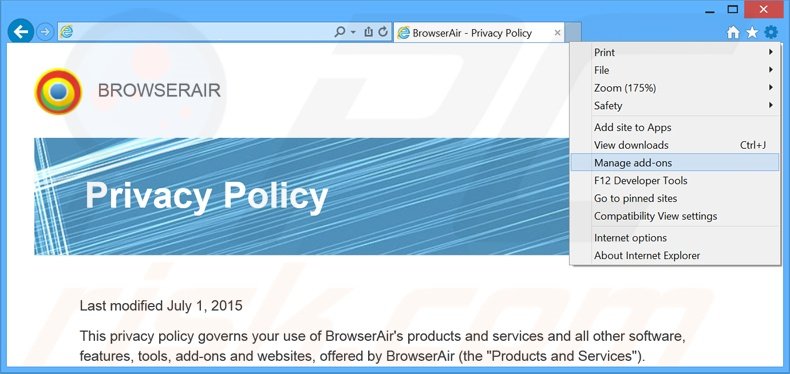Suppression des publicités BrowserAir dans Internet Explorer étape 1