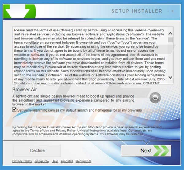  Configuration de l'installation décevant utilisée pour distribuer le logiciel de publicité BrowserAir 