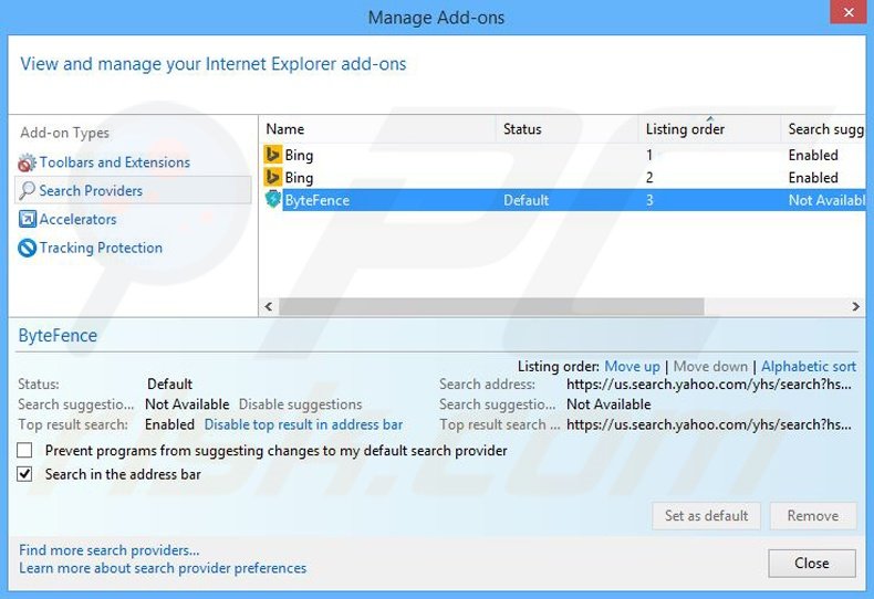 Suppression du moteur de recherche par défaut de ByteFence dans Internet Explorer 