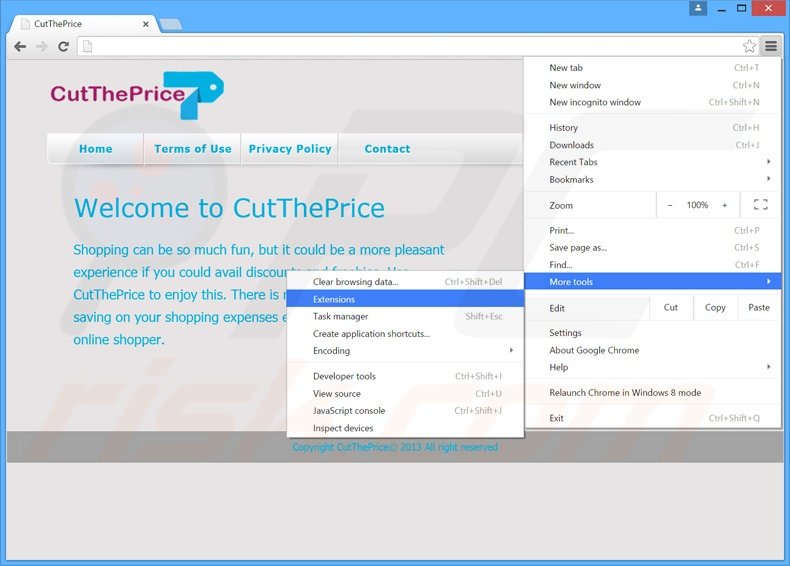 Suppression des publicités CutThePrice dans Google Chrome étape 1