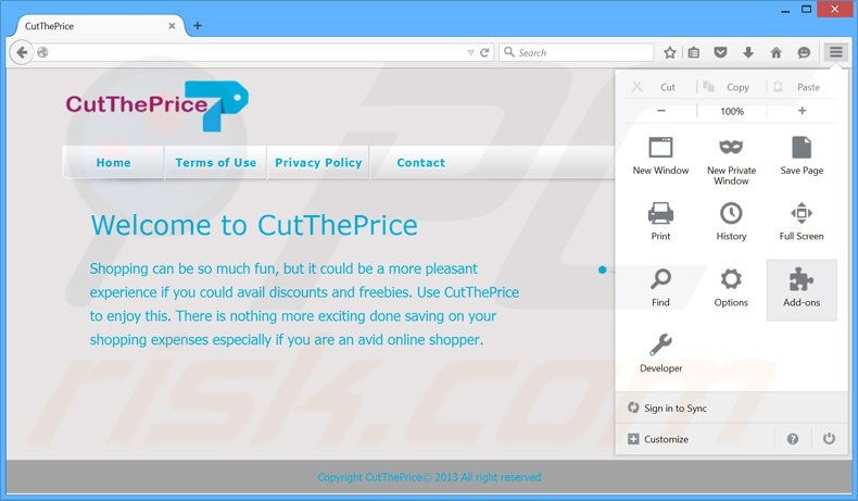 Suppression des publicités CutThePrice dans Mozilla Firefox étape 1