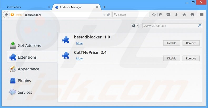 Suppression des publicités CutThePrice dans Mozilla Firefox étape 2