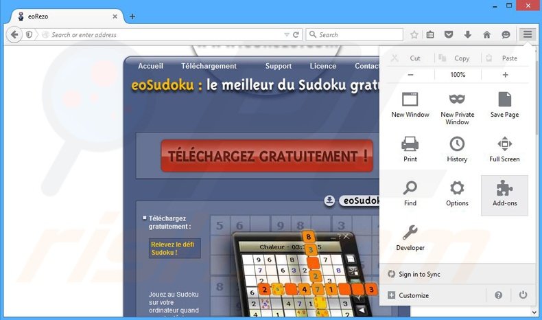 Suppression des publicités eoRezo dans Mozilla Firefox étape 1