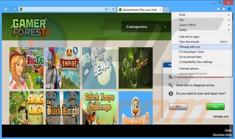 Suppression des publicités GamerForest dans Internet Explorer étape 1