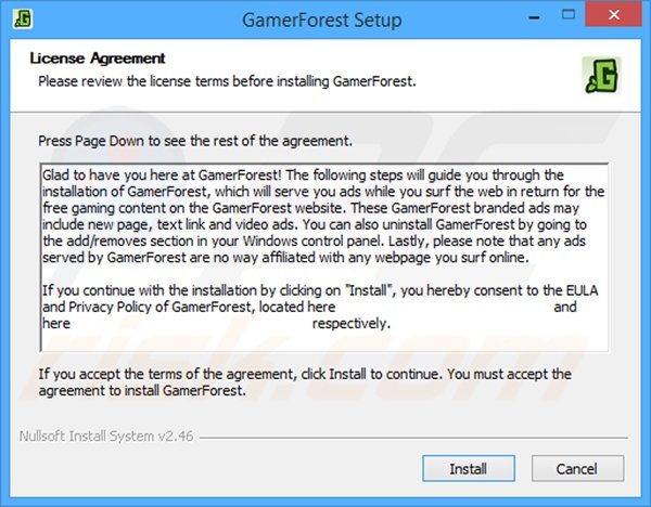 Configuration de l'installateur officiel du logiciel de publicité GamerForest