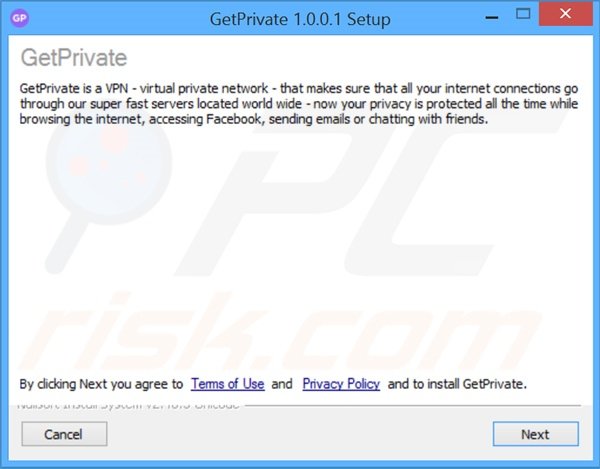 Configuration de l'installateur du logiciel de publicité GetPrivate 