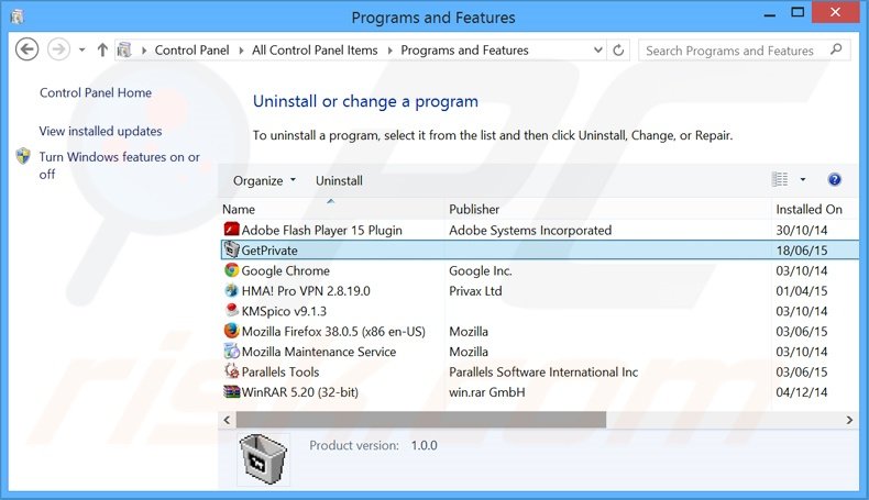 Désinstallation du logiciel de publicité GetPrivate via le Panneau de Configuration