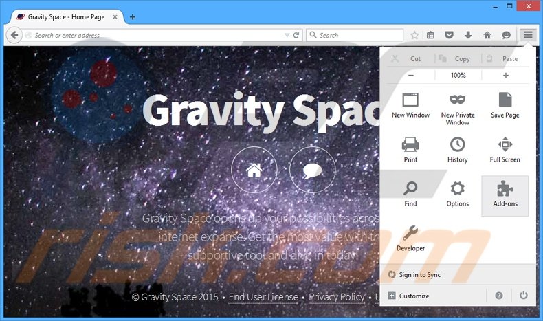 Suppression des publicités Gravity Space dans Mozilla Firefox étape 1