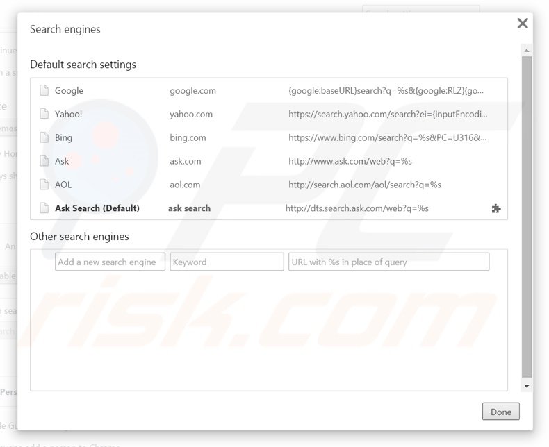 Suppression du moteur de recherche par défaut de search.ask.com dans Google Chrome 