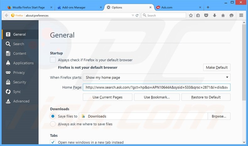 Suppression de la page d'accueil de search.ask.com dans Mozilla Firefox 