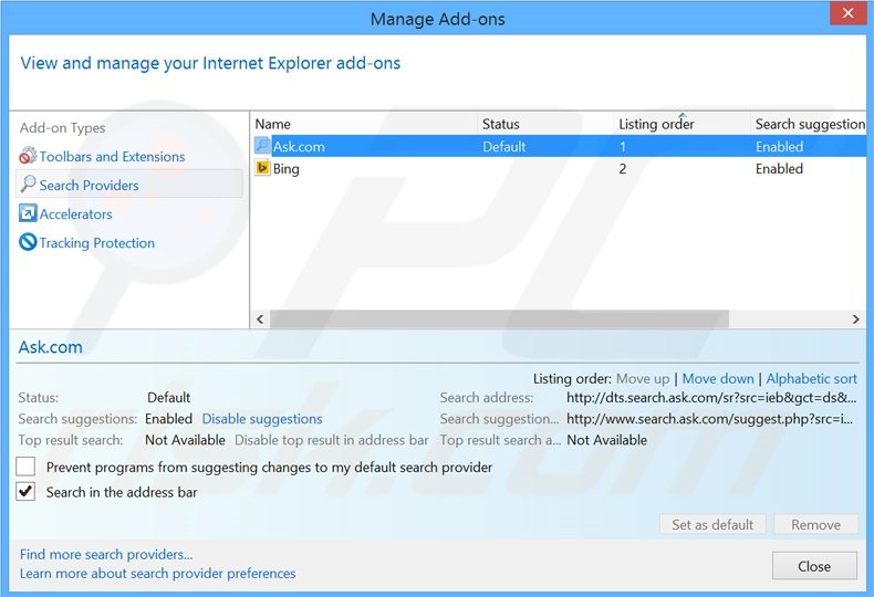 Suppression du moteur de recherche par défaut de search.ask.com dans Internet Explorer 