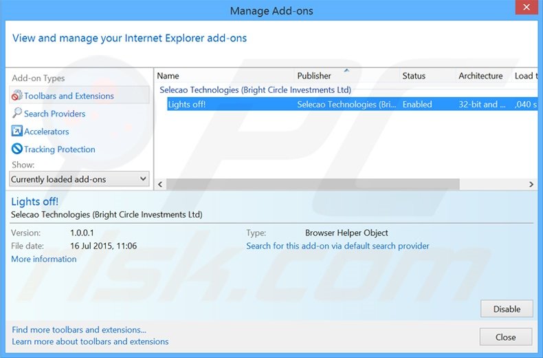 Suppression de Lights Off dans Internet Explorer étape 1