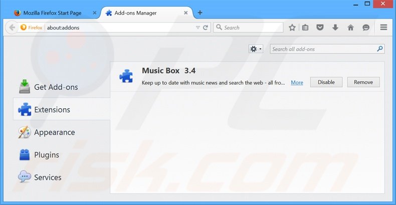 Suppression des extensions reliées à MusicBox dans Mozilla Firefox 