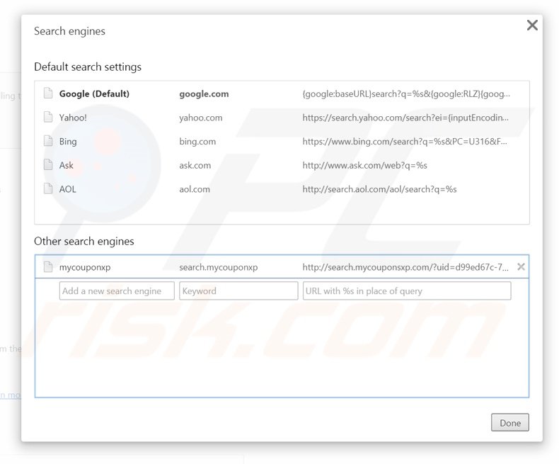 Suppression du moteur de recherche par défaut de search.mycouponsxp.com dans Google Chrome 