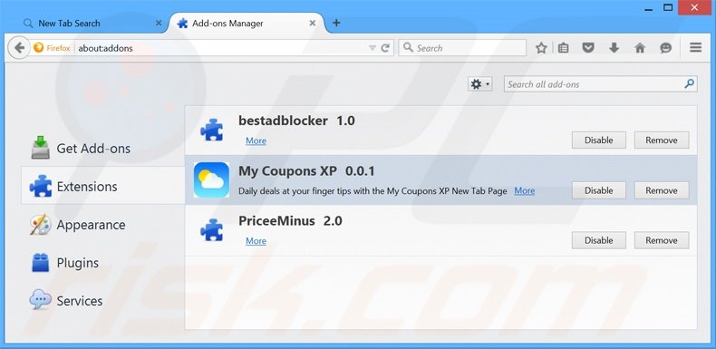 Suppression des extensions reliées à search.mycouponsxp.com dans Mozilla Firefox