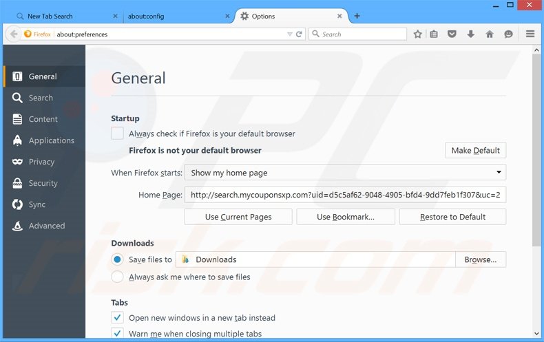 Suppression de la page d'accueil de search.mycouponsxp.com dans Mozilla Firefox 