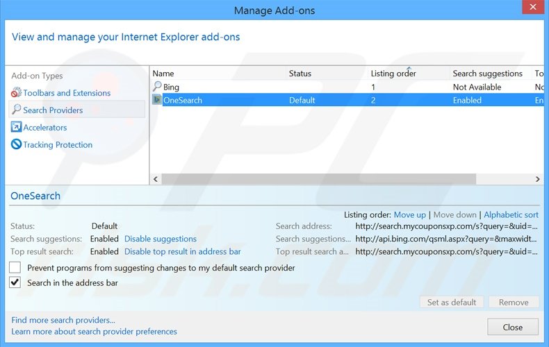 Suppression du moteur de recherche par défaut de search.mycouponsxp.com dans Internet Explorer