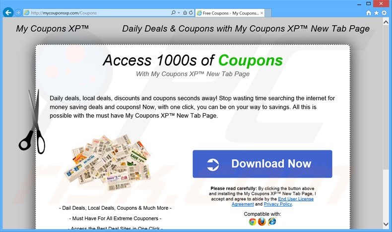 Site web publicisant My Coupons XP 