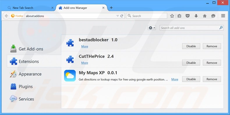 Suppression des extensions reliées à search.mymapsxp.com dans Mozilla Firefox 