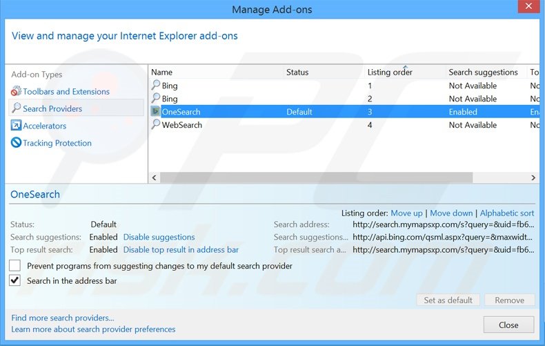 Suppression du moteur de recherche par défaut de search.mymapsxp.com dans Internet Explorer 