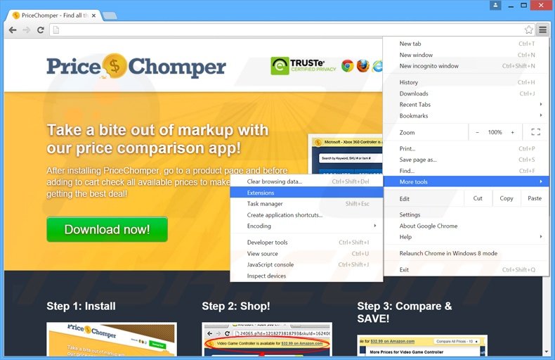 Suppression des publicités PriceChomper dans Google Chrome étape 1