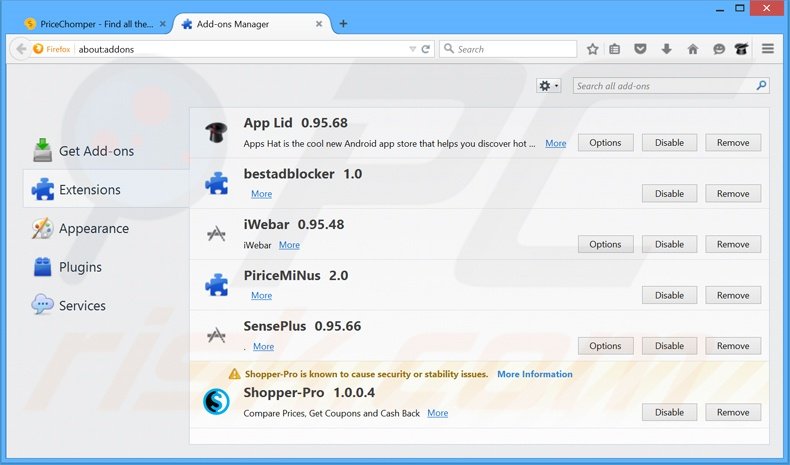 Suppression des publicités PriceChomper dans Mozilla Firefox étape 2