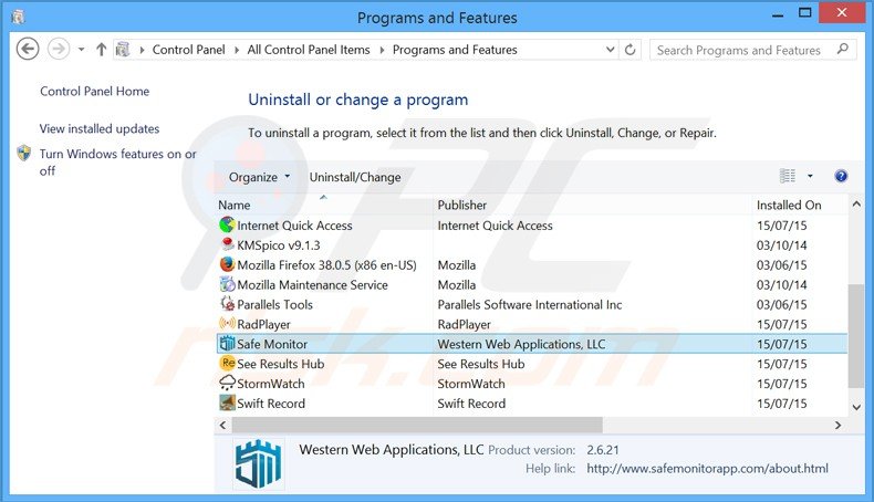 Désinstallation du logiciel de publicité safe monitor via le Panneau de Configuration