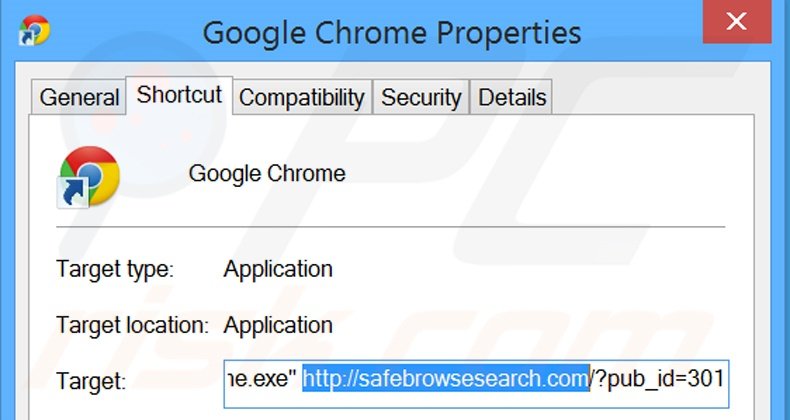 Suppression du raccourci cible de safebrowsesearch.com dans Google Chrome étape 2