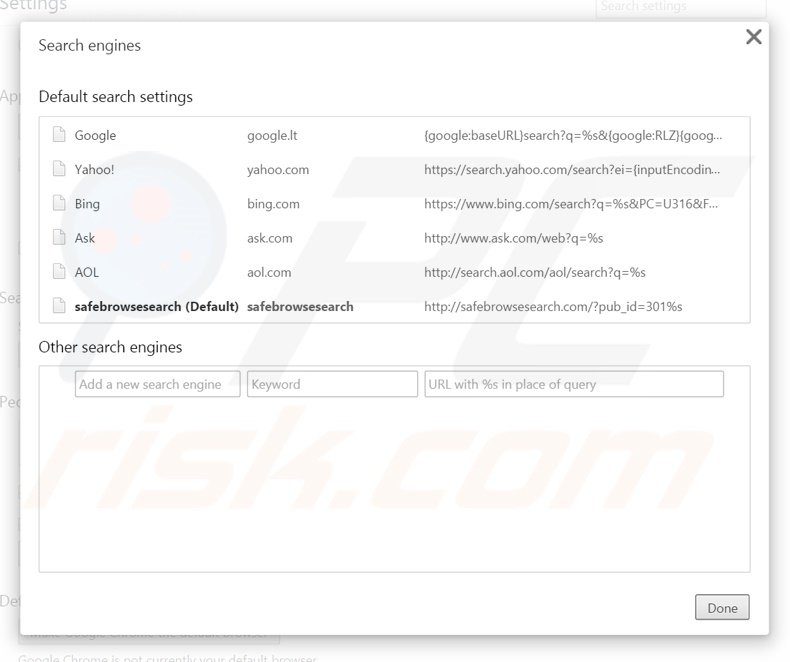 Suppression du moteur de recherche par défaut de safebrowsesearch.com dans Google Chrome 