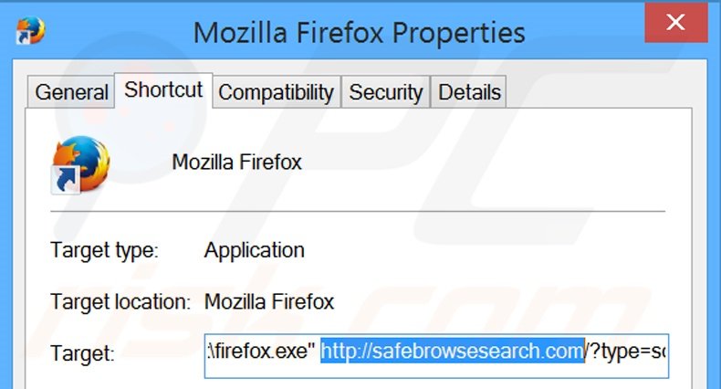 Suppression du raccourci cible de safebrowsesearch.com dans Mozilla Firefox étape 2