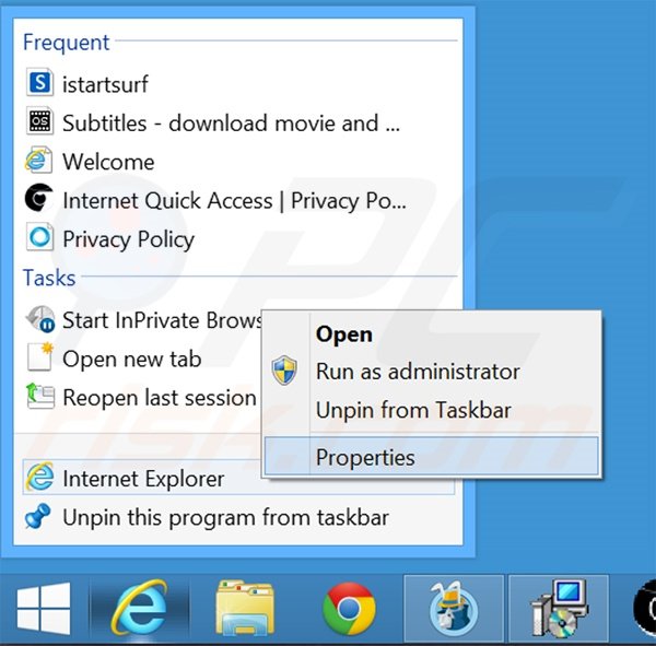 Suppression du raccourci cible de safebrowsesearch.com dans Internet Explorer étape 1