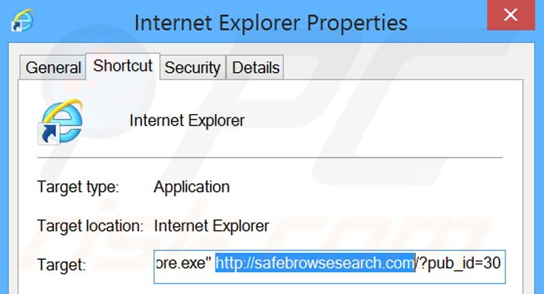Suppression du raccourci cible de safebrowsesearch.com dans Internet Explorer étape 2