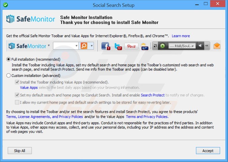 Configuration de l'installateur du logiciel de publicité safemonitor 