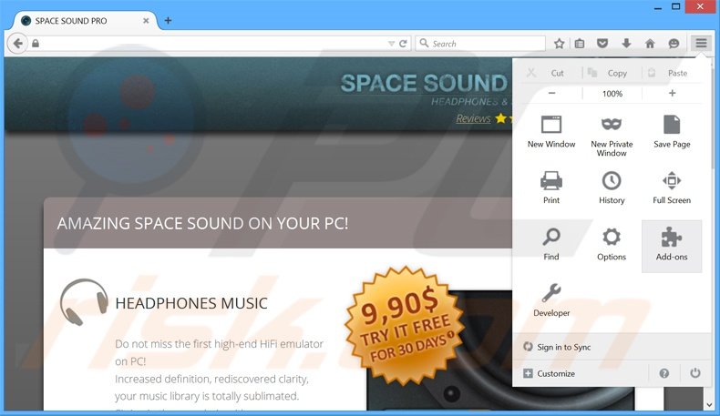 Suppression des publicités SpaceSoundPro dans Mozilla Firefox étape 1