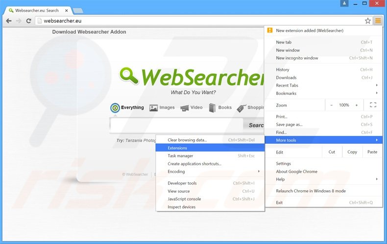 Suppression des publicités WebSearcher dans Google Chrome étape 1