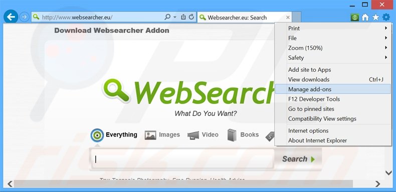Suppression des publicités WebSearcher dans Internet Explorer étape 1