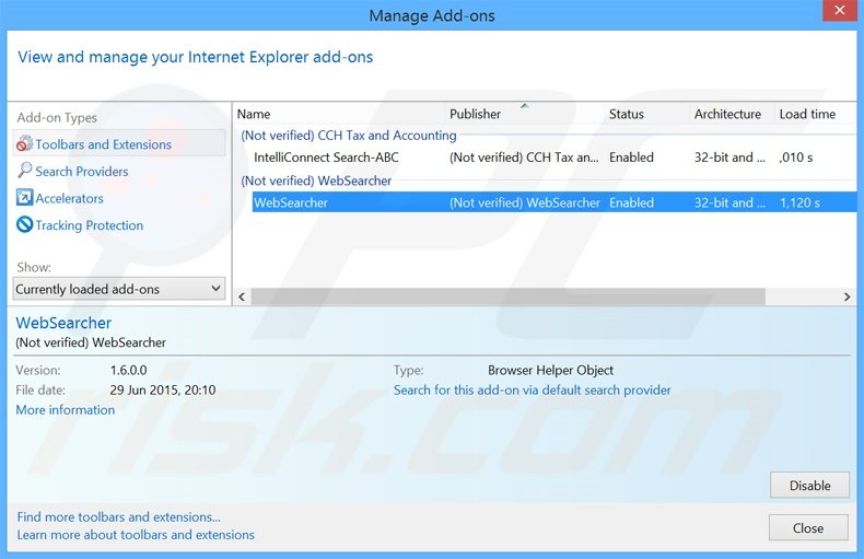Suppression des publicités WebSearcher dans Internet Explorer étape 2