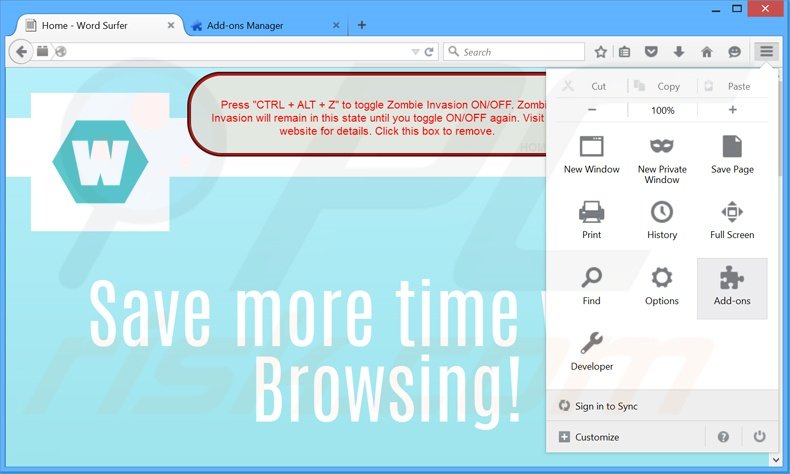 Suppression des publicités Word Surfer dans Mozilla Firefox étape 1