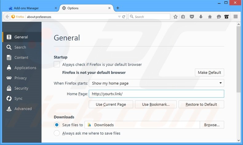 Suppression de la page d'accueil de yourtv.link dans Mozilla Firefox 